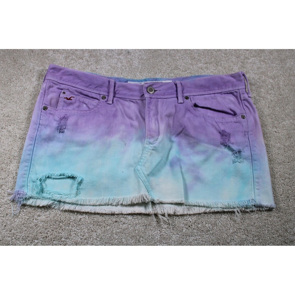 Hollister Skirt Womens 7 Purple Blue Ombre Distressed Denim Raw Hem Y2K Style